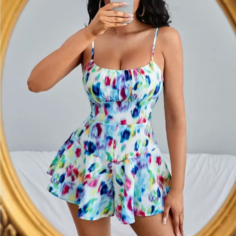 Tie Dye Ruched Bust Cami Romper in Size Large